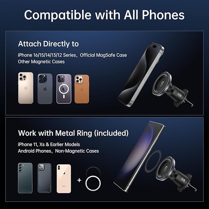 SYNCWIRE for MagSafe Car Mount, Flexible Rotation Magnetic Phone Holder for Car Vent, Hands Free Car Air Vent Phone Holder Clip Universal Compatible with iPhone 17 Pro Max 16 15 14 13 12 MagSafe Case