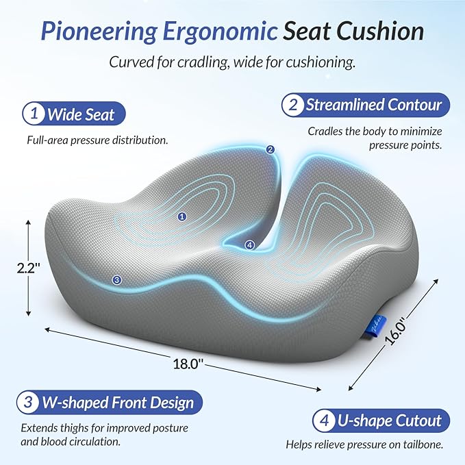 ZIKEE Pioneering Seat Cushion for Pressure Relief, Ergonomic Office Chair Cushion for Sciatica, Back, Hemorrhoids & Tailbone Pain Relief, High-Density Memory Foam Car Seat Cushion with Anti-Slip Base