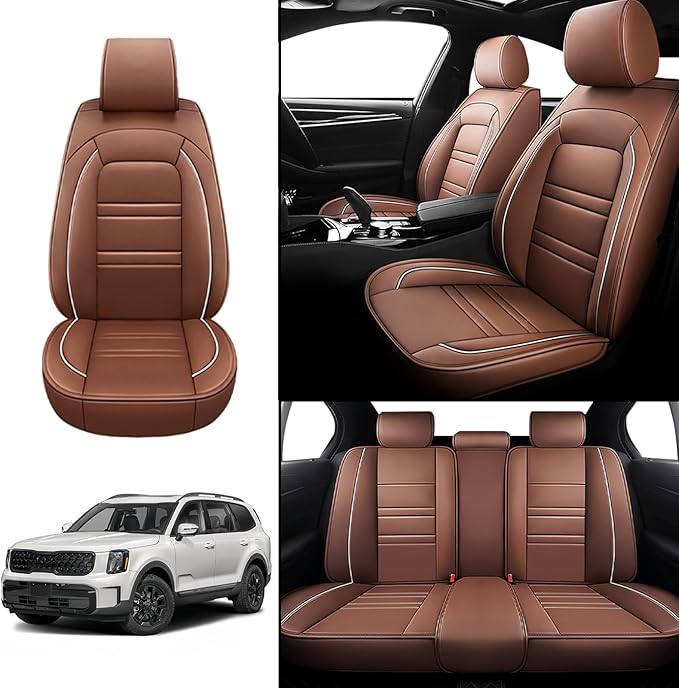 Seat Covers for kia Telluride 2020-2025 | 5-Seats Leather Seat Covers, Easy to Install Automotive Seat Covers Full Set (Full Set, Coffee)