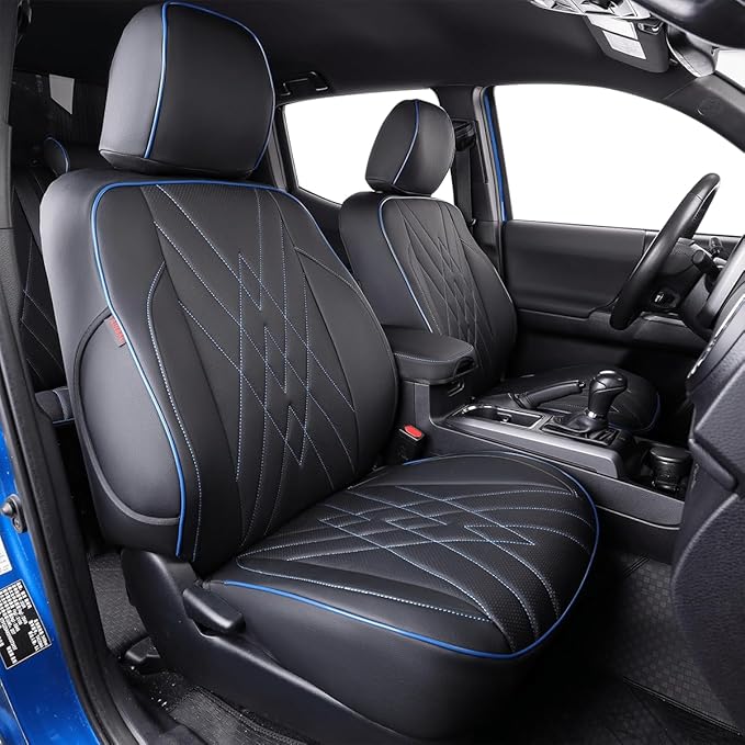 EKR Custom Fit Tacoma Car Seat Covers for Select Toyota Tacoma 2024 2025 2026 Xtra Cab SR -Full Set,Leather (Black with Blue Trim)