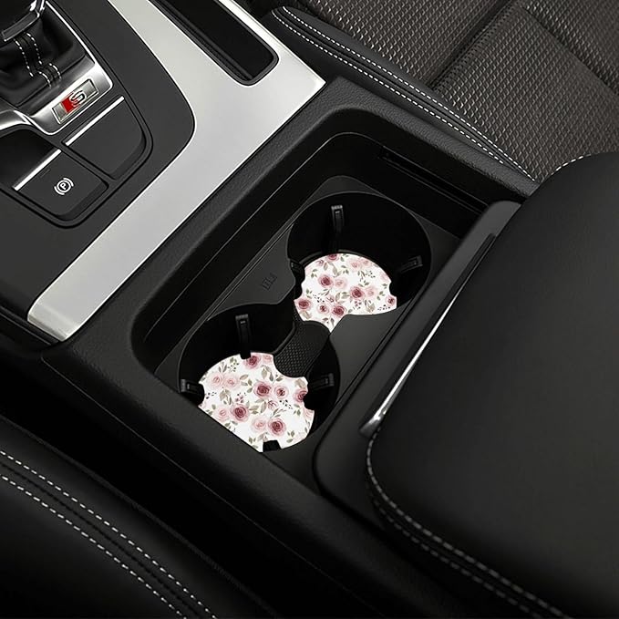 Watercolor Pink Flowers and Burgundy Roses Car Steering Wheel Cover for Women Men with 2 Pcs Car Coasters,Universal 15Inch Steering Wheel Covers Anti-Slip and Practical Auto Accessories Fit Auto,Suvs