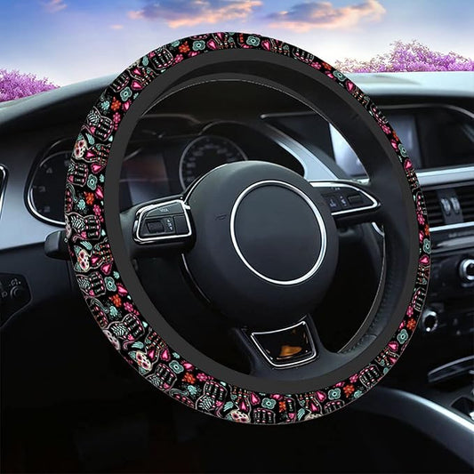 Swono Cat Cute Steering Wheel Cushion Case Day of The Dead Halloween Cats with Colorful Flowers Neoprene Car Steering Wheel Covers 15 Inch Anti Slip Compatible Auto Car Wrap Cover for Men Women