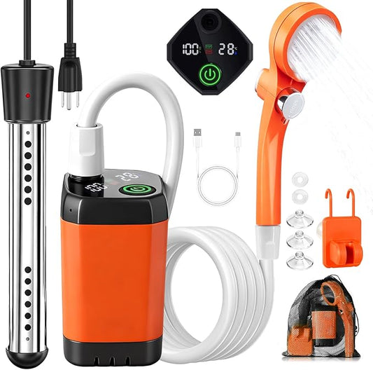 Portable Camping Shower with Heater, 6000mAh Rechargeable Portable Shower with 2000W Immersion Heater, LED Display, Heated Camping Shower for Travel, Hiking, Car, Pet