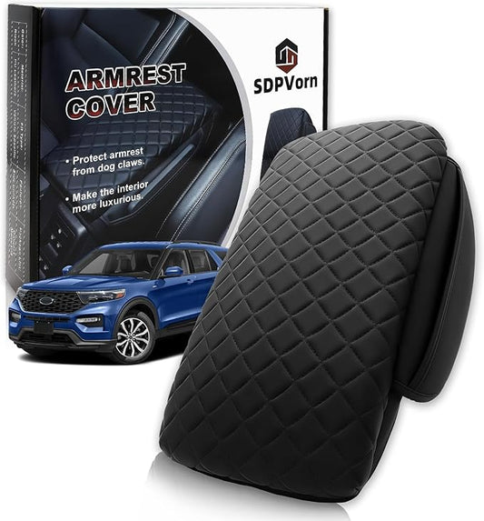 Armrest Cover for Ford Explorer Center Console Pad with Organizer Storage Pockets, Black Faux Leather Arm Rest Lid Protector Cushion Interior Accessories (2020-2025)