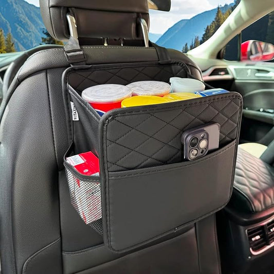 Upgrade Car Seat Organizer Backseat with Storage Pockets, Multipurpose Car Organizer Hanging, Car Trash Bag Can,Premium PU Leather Garbage Can 2.14 Gallon Large Capacity, Black.