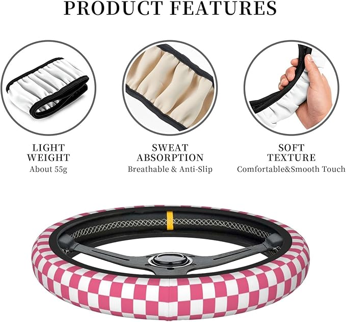 Pink Checkered Steering Wheel Cover for Women,Universal Auto Steering Wheel 14-15 Inch Car Interior Accessories with 2PCS Car Coasters,Suitable for Men and Women