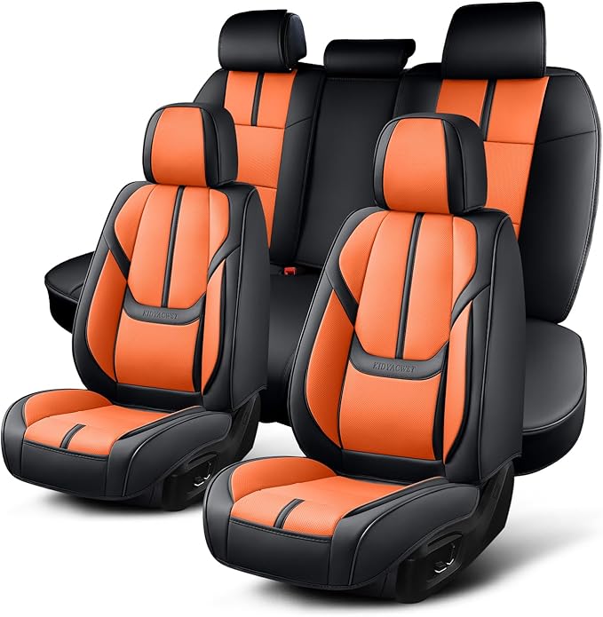 Auto Car Seat Covers Accessories Full Set Leather Cushion Protector Breathable Waterproof Seat Cover for Cars Universal Fit (Black&Orange, FullSet Without Headrest)