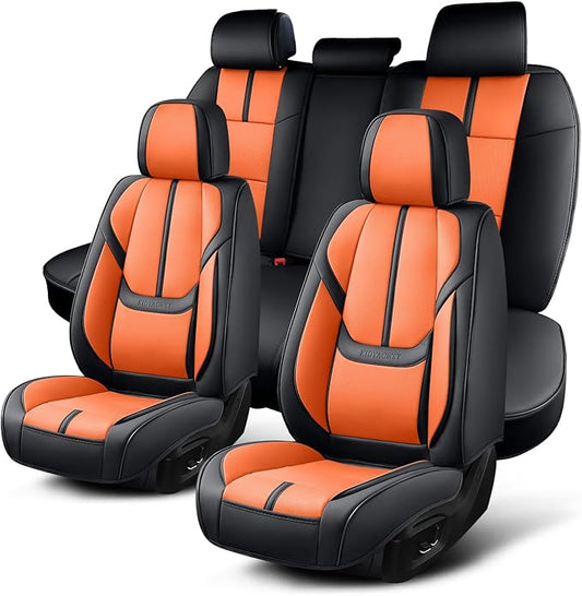 Auto Car Seat Covers Accessories Full Set Leather Cushion Protector Breathable Waterproof Seat Cover for Cars Universal Fit (Black&Orange, FullSet Without Headrest)