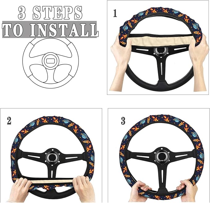 Rockets Planets Space Steering Wheel Covers Anti-Slip Elasticity Car Accessories Steering Wheel Protector Universal 15 Inch for Cars SUV Vehicle Truck