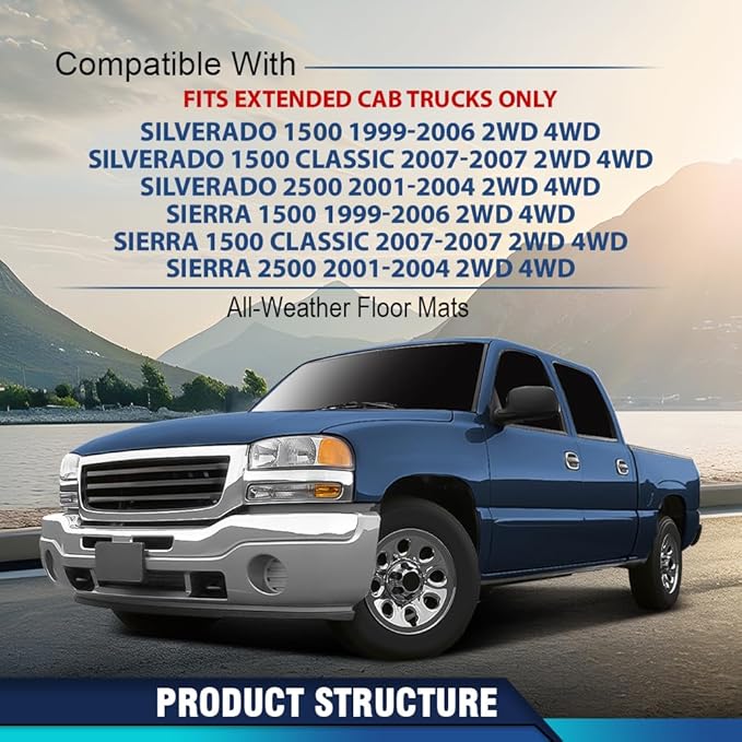 PIT66 Floor Mats Cargo Liners Compatible with Chevy Silverado GMC Sierra 1500 1999-2006 & 1500 Classic 2007, Fit Silverado Sierra 2500 2001-2004, 2WD 4WD Extended Cab All Weather TPE Liner Accessories