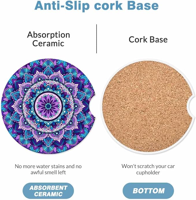 Purple Mandala 2 Pack Car Cup Holder Coaster Abstract Flower Pattern Anti Slip Insert Absorbent Ceramic Car Coaster with Cork Base and Finger Notch Cute Car Accessories Interior for Women Men