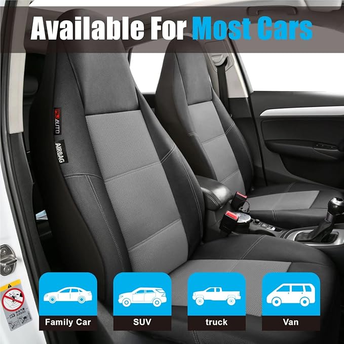 P&J AUTO Leather and Mesh High Back Car Seat Cover Front Pair Integrated Bucket Seat Airbag Compatible (Grey)