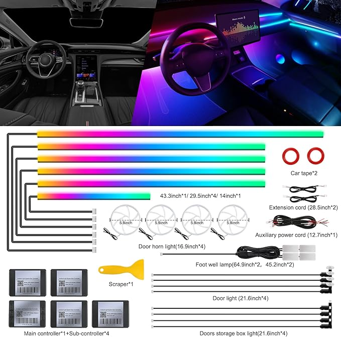Dreamcolor Acrylic Interior Car LED Strip Light with Wireless APP, RGB 22 in 1 with 175 inches 600 LEDs Fiber Optic Ambient Lighting Kits, Dynamic Chasing Music Sync Neon LED Strip for Car Accessories