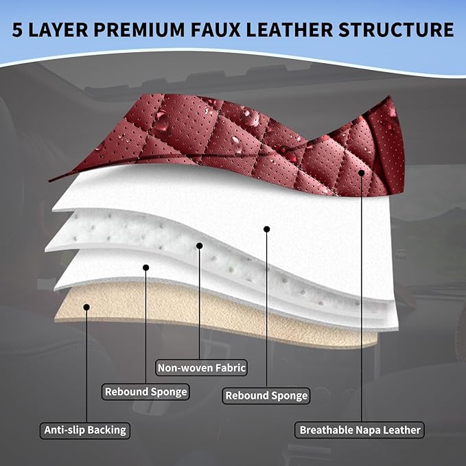 Leather Car Seat Covers Full Set Breathable Automotive Seat Covers Waterproof Seat Protectors Universal Fit for Most Automotive Cars SUV Trucks Van(Red, Full Set)