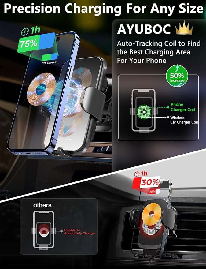 Wireless Car Charger for Samsung Galaxy Z Flip, 15W Charging [AUTO MOVING COIL], Dash Air Vent Auto-Clamping Car Phone Holder Charger Mount Wireless Charging for iPhone 17/16/15, Galaxy Z Flip 7/6/5/4