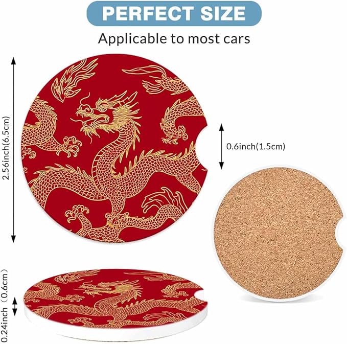Dragon Car Cup Holder Coaster 2 Pack Absorbent Ceramic Car Coasters for Cup Holders Car Accessories Interior for Women Men Universal Anti Slip Cork Base Cup Coasters with Finger Notch