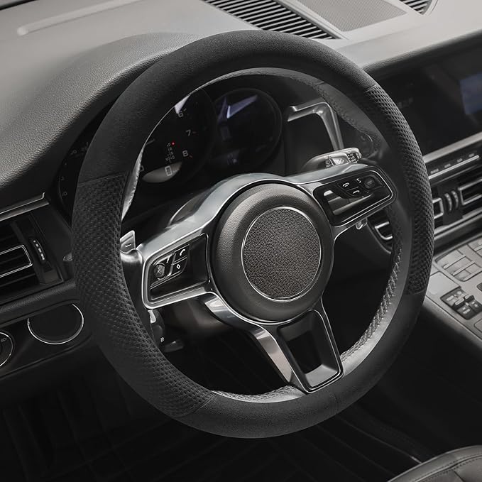 Suede Steering Wheel Cover with Upgraded Silicone Inner Ring, Breathable, Anti-Slip, Leather Universal 14.5 to 15 Inch Steering Wheel Cover (Black with Embossing Pattern)