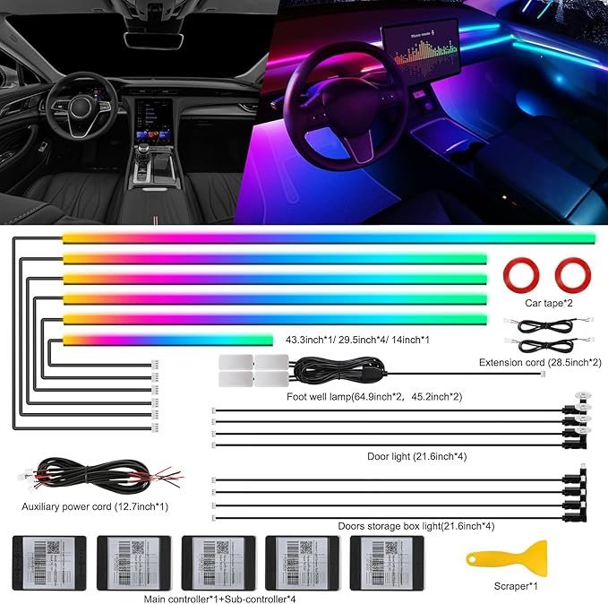 Dreamcolor Acrylic Interior Car LED Strip Light with Wireless APP, RGB 18 in 1 with 175 inches 593 LEDs Fiber Optic Strip Lights for Car, Dynamic Chasing Music Sync Neon Car Ambient Lighting Kits