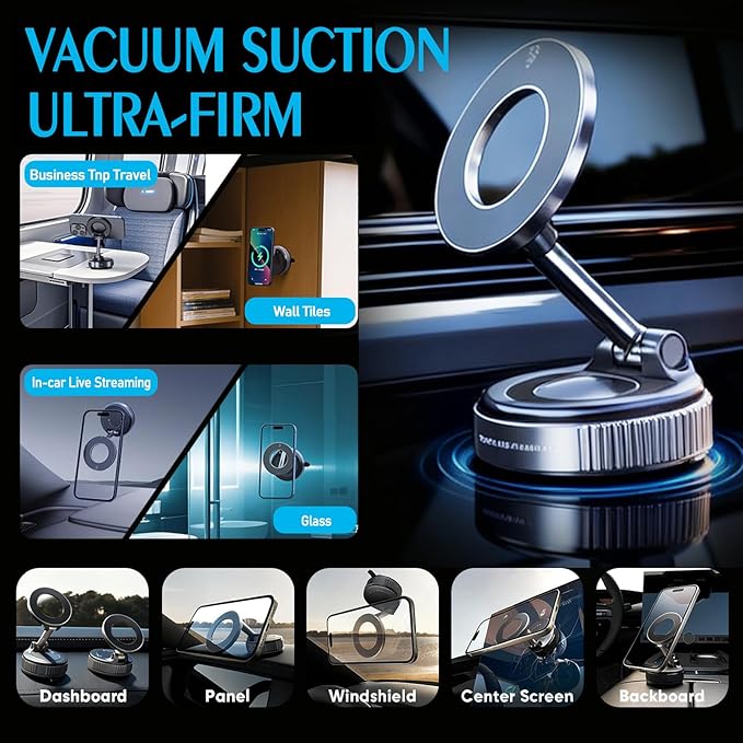 ONHAWKAS Magnetic Phone Holder for Car with Upgraded Vacuum Suction Base, N52 Powerful Magnet, 360° Rotation & 180° Tilt Adjustable Dashboard & Windshield Mount, Universal Hands-Free Car Accessory