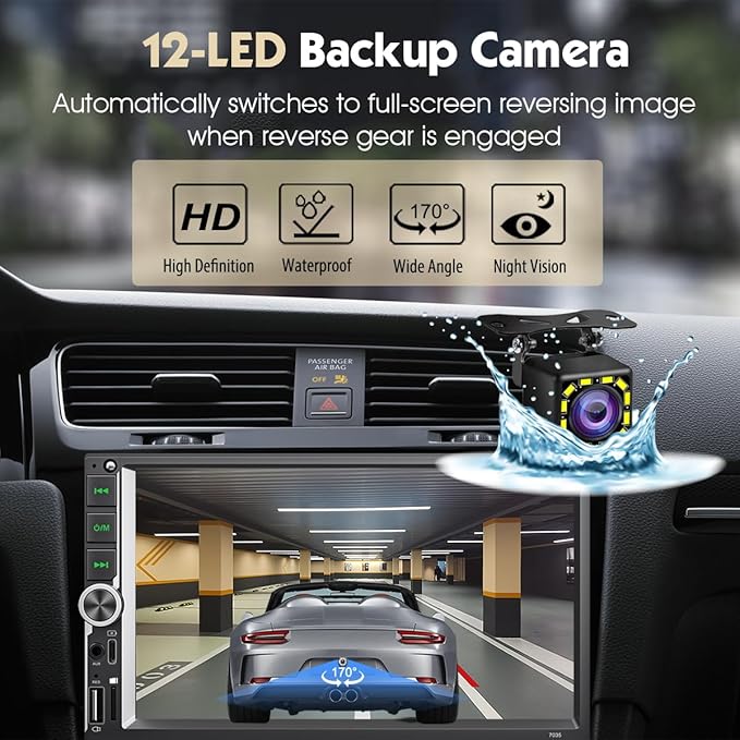 [Improved] 7'' Double Din Car Stereo with Upgraded Wireless Apple Carplay for IOS26 / Android Auto, 240W High Power with EQ, Bluetooth, RDS/FM/AM Touchscreen Radio, USB Type-C/AUX/TF, Backup Camera