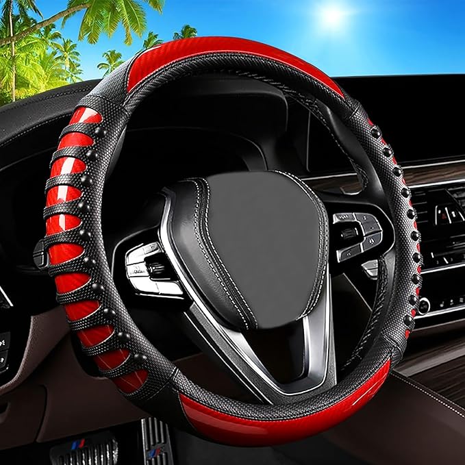 3D Massage Red Carbon Fiber Leather Steering Wheel Cover, 14.5-15 Inch Non-Slip Breathable Microfiber Car Steering Wheel Protector