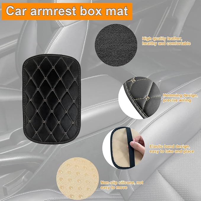 Auto Center Console Pad, PU Leather Car Center Console Box Cushion, Non Slip Soft Armrest Seat Box Cover, Waterproof Vehicle Armrest Protector for SUV, Truck, Car (Rhombic Lattice Black/Beige)