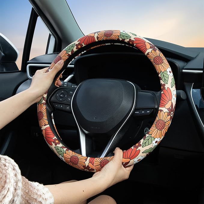 Sunflower Retro Steering Wheel Cover Auto Jacquard Steering Wheel Protector, Anti-Slip, Breathable, Absorbing Sweat, Universal Car Accessories 14.5–15 inch,Fit for Most Car, Trucks, SUV