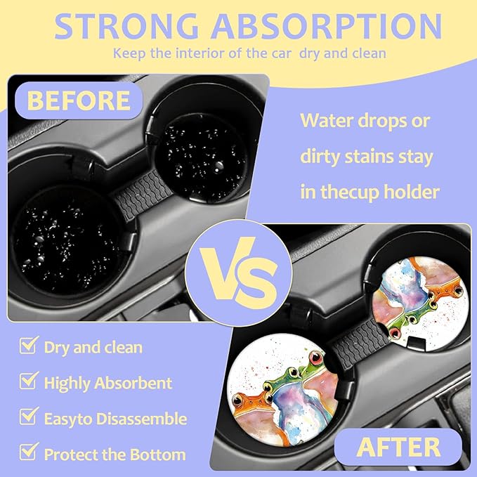2 Pack Car Cup Holder Coaster-Watercolor Frog Absorbent Ceramic Coaster, Car Coasters for Cup Holders,Auto Accessories for Women & Men