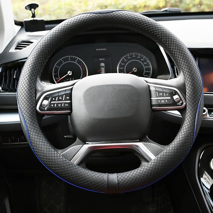 Rueesh Microfiber Leather Steering Wheel Cover Anti-Slip Matte Finish Auto Car Wheel Cover Universal 15 Inch Wheel Cover for Car Embossing Pattern Blue Line