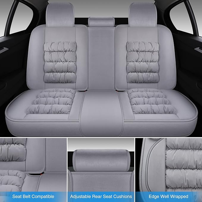 AOOG Fuzzy Leather Car Seat Covers Full Set, Heated Front Bench Back Cushion Protector for Cars SUV Trucks (Full Set,Grey)