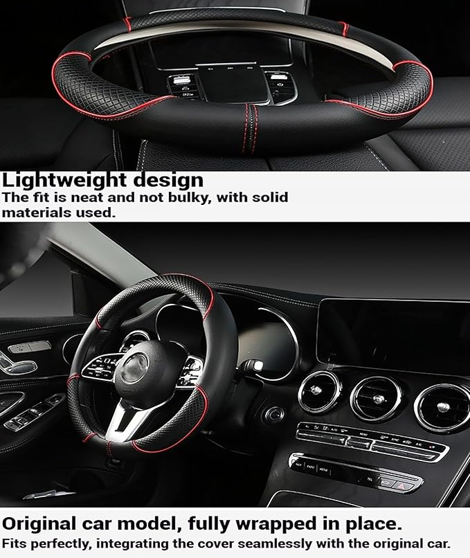 Premium Nappa Leather Steering Wheel Cover, Non-Slip & Breathable, Universal Fit for 14.5-15 Inch Wheels (37-38.5 cm) - Enhanced Driving Comfort (Black and Blue)