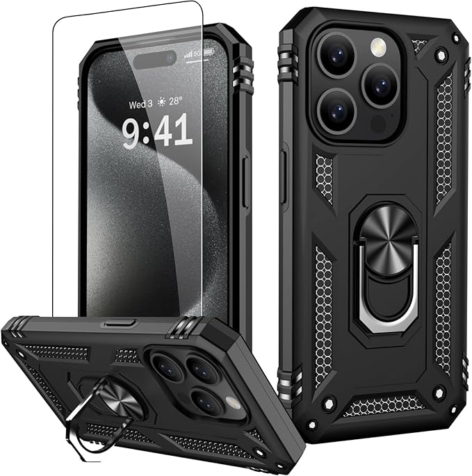 IKAZZ for iPhone 14 Pro Max Case 6.7 Inch with Screen Protector,Military Grade Shockproof Heavy Duty Protective Phone Cover Pass 16ft Drop Test with Magnetic Kickstand Car Mount Holder,Black