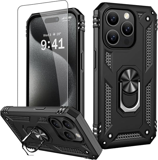 IKAZZ for iPhone 14 Pro Max Case 6.7 Inch with Screen Protector,Military Grade Shockproof Heavy Duty Protective Phone Cover Pass 16ft Drop Test with Magnetic Kickstand Car Mount Holder,Black