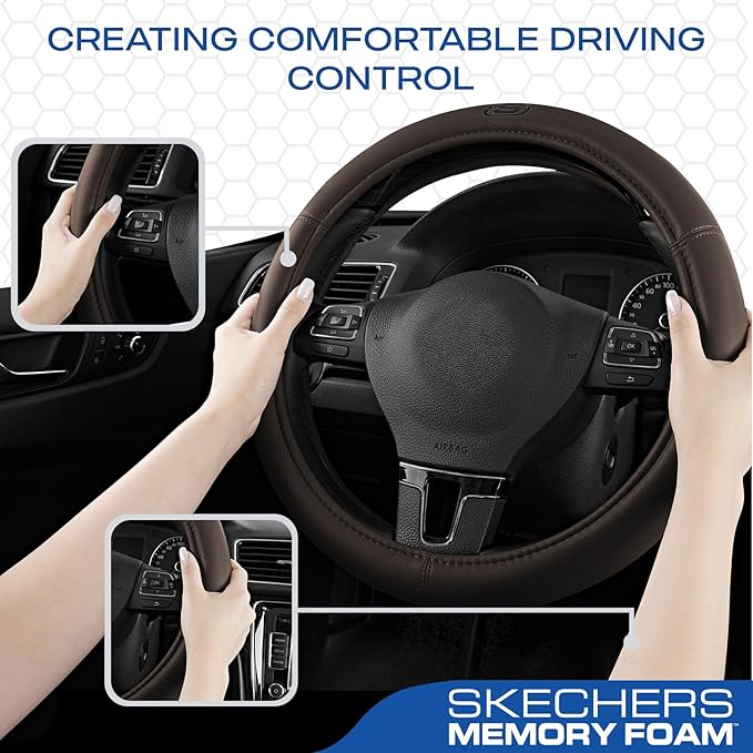 Skechers Memory Foam Steering Wheel Cover,Grade Protein Leather Steering Wheel Cover,Universal Anti-Slip Fit 14" 1/2-15" Car Wheel Cover for Men Women Fit Suvs,Vans,Sedans,Car,Trucks,Brown
