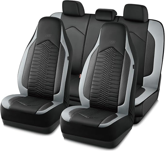 Skechers Memory Foam Car Seat Covers, Leather High Back Seat Covers Quilting Design,Waterproof Sports Car Seat Covers Full Sets,Airbag Compatible, Universal Fit for Most Cars, SUVs,Trucks,Gray