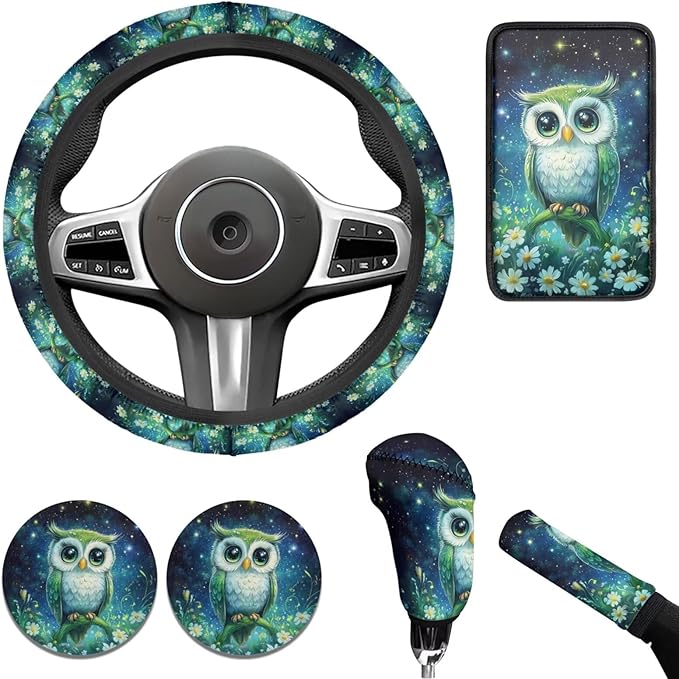 Galaxy Night Owl Car Steering Wheel Cover Set 6 Pcs Animal Owl Print Cup Holder Armrest Pad Gear Shift Cover,Car Handbrake Covers Auto Accessories for Men Women