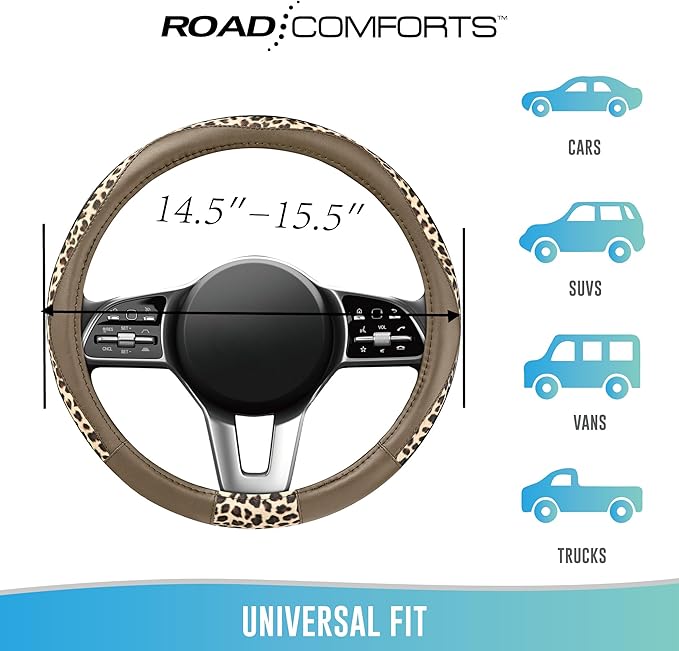 Road Comforts Steering Wheel Cover - Made with PVC Leather and Leopard Fabric - Universal 14 1/2 inches to 15 inches for Most Automotive Steering Wheel - Cheetah Print -Beige
