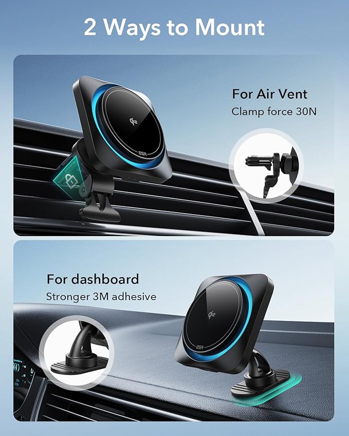 ESR for Qi2 15W MagSafe Car Mount Charger with CryoBoost, Phone Cooling MagSafe Car Charger, Air Vent/Dashboard Wireless Charging for iPhone 17/16/15/14/13/12, S25 Series, Pixel 10, Fast Charger