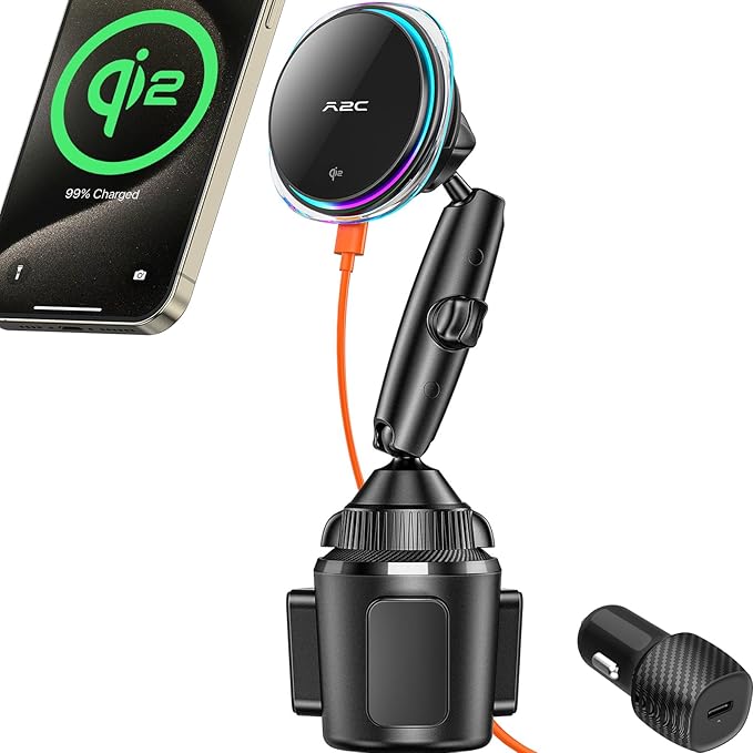 A2C for Qi2 Cup Holder Charger 15W Wireless MagSafe Car Mount with Semiconductor Cooler Fast Charging Fits for iPhone 17 Pro Max Air 16 Plus 15 14 13 12 Series, for Magnetic iPhone Car Accessories