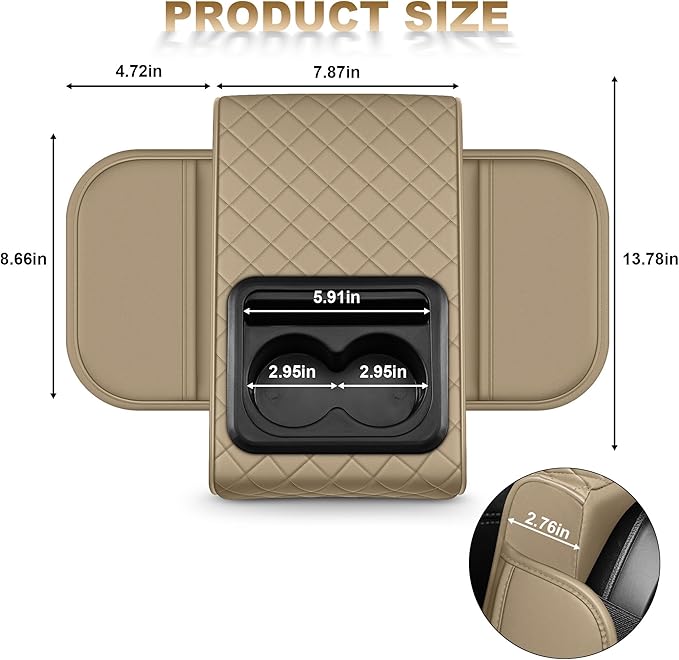 YORKNEIC Upgraded Car Center Console Cover with Cup Holder 2 Storage Bags - Faux Leather Arm Rest Cover Fit for Ford Escape,Middle Console Cover Multi-Functional Car armrest Cushion(Beige)