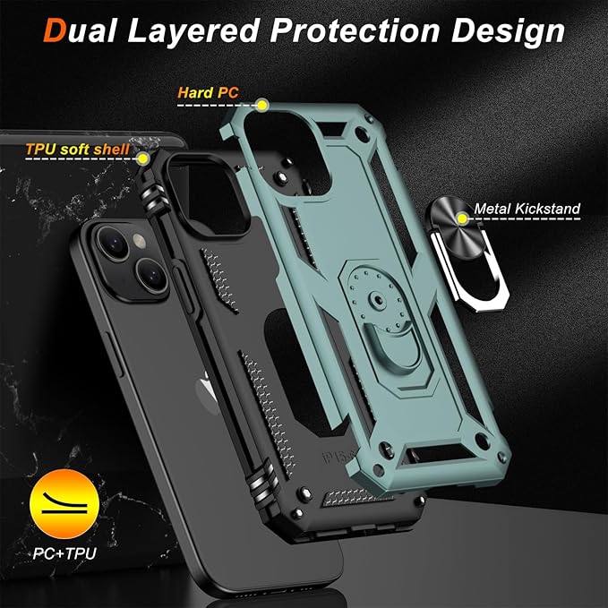 IKAZZ for iPhone 13 Case 6.1 Inch with Screen Protector,Military Grade Shockproof Heavy Duty Protective Phone Cover Pass 16ft Drop Test with Magnetic Kickstand Car Mount Holder,Pine Green