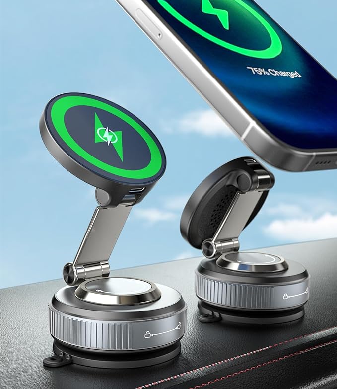 15W Fast Charging Magnetic Car Phone Holder, New Elastic Suction Cup Phone Holder with Stronger Suction, 360° Adjustable Wireless Charger Car Mount for Magsafe iPhone 17 16 15 14 13 12