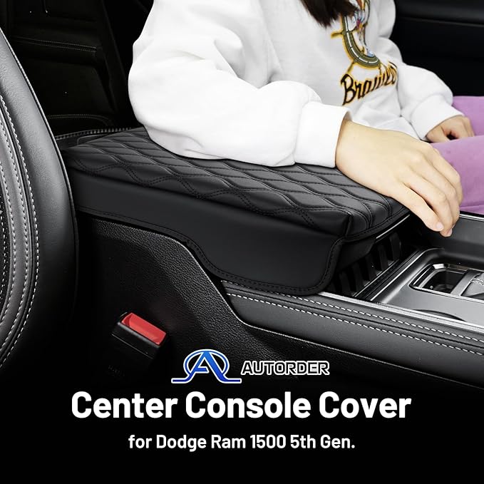 Autorder Center Console Cover for 2019-2025 2026 Dodge Ram 1500/2500/3500 Accessories Armrest Cushion Cover Nappa Leather Middle Console Covers Console Cushion Pad Anti-Scratch(Bucket Seat Only)