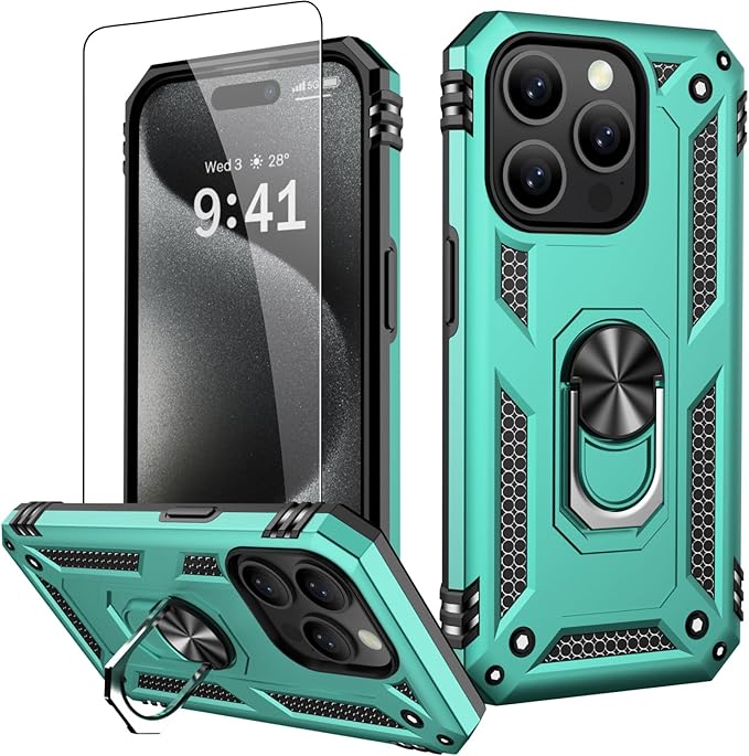 IKAZZ for iPhone 14 Pro Case 6.1 Inch with Screen Protector,Military Grade Shockproof Heavy Duty Protective Phone Cover Pass 16ft Drop Test with Magnetic Kickstand Car Mount Holder,Turquoise