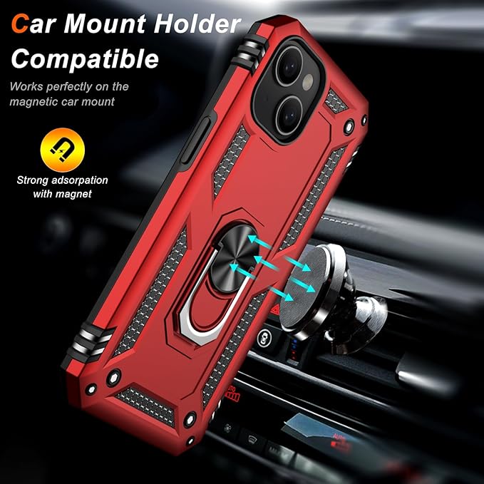 IKAZZ for iPhone 13 Case 6.1 Inch with Screen Protector,Military Grade Shockproof Heavy Duty Protective Phone Cover Pass 16ft Drop Test with Magnetic Kickstand Car Mount Holder,Red