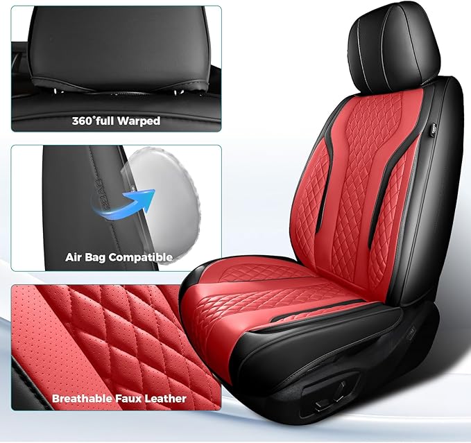 Leather Car Seat Covers - Breathable Faux Leather Seat Covers Full Set for Cars SUV Sedan - Waterproof - BlackRed