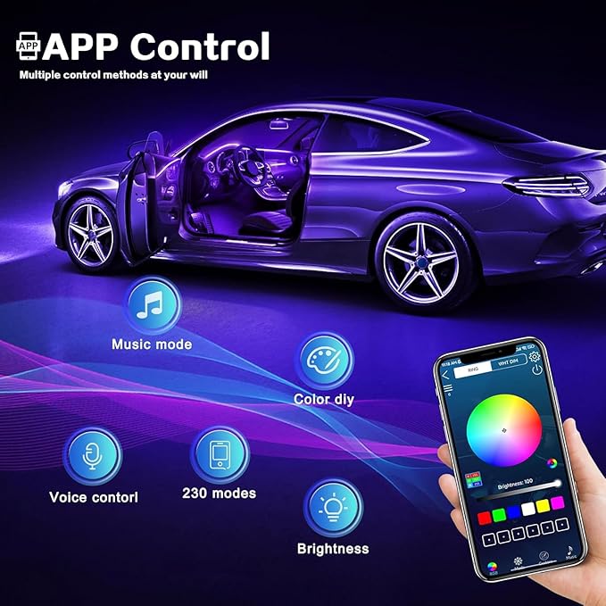 Acrylic Interior Car LED Strip Light with Wireless APP, Car Accessories 18 in 1 with 175 inches 593 LEDs Fiber Optic Ambient Lighting Kits, RGB Dynamic Music Sync Neon LED Strip Light for Car