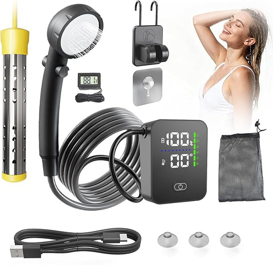 SHIJING Portable Shower with Heater,8000mAh Rechargeable Battery for Camping Shower, 6 Pressure Levels & 3 Modes for Outdoor, Pet, Car Wash,1500W Auto-Off Heater