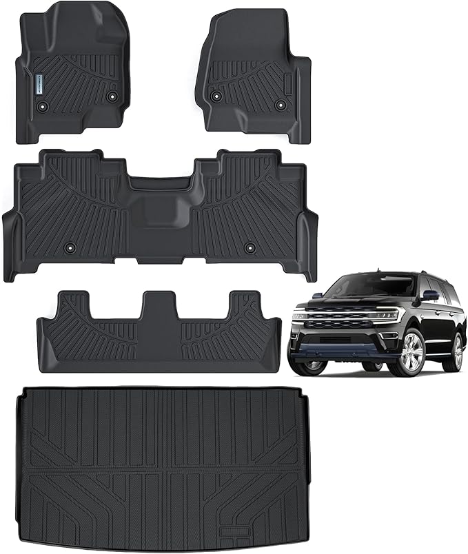 Floor Mats & Trunk mat for 2018-2024 Ford Expedition MAX (Only Fit 8 Seats) (2 Row Bench Seat),TPE All Weather Protection 3 Rows Car Floor Liners with Cargo Liners Accessories