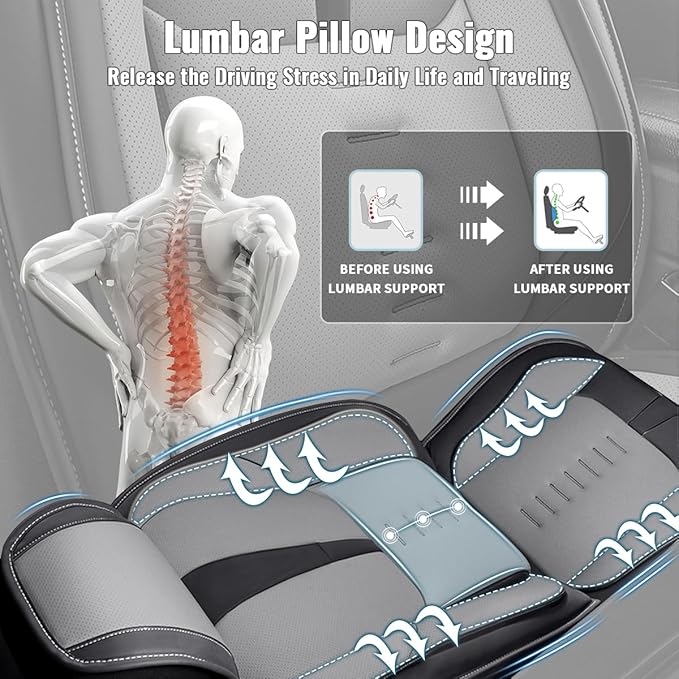 Seat Covers Fit for Chevrolet/Chevy Traverse 2018-2024 2025 2 Rows of 5 Seats Seat Covers Breathable 3D Lumbar Support Faux Leather Protector Car Seat Covers (Black & Grey)